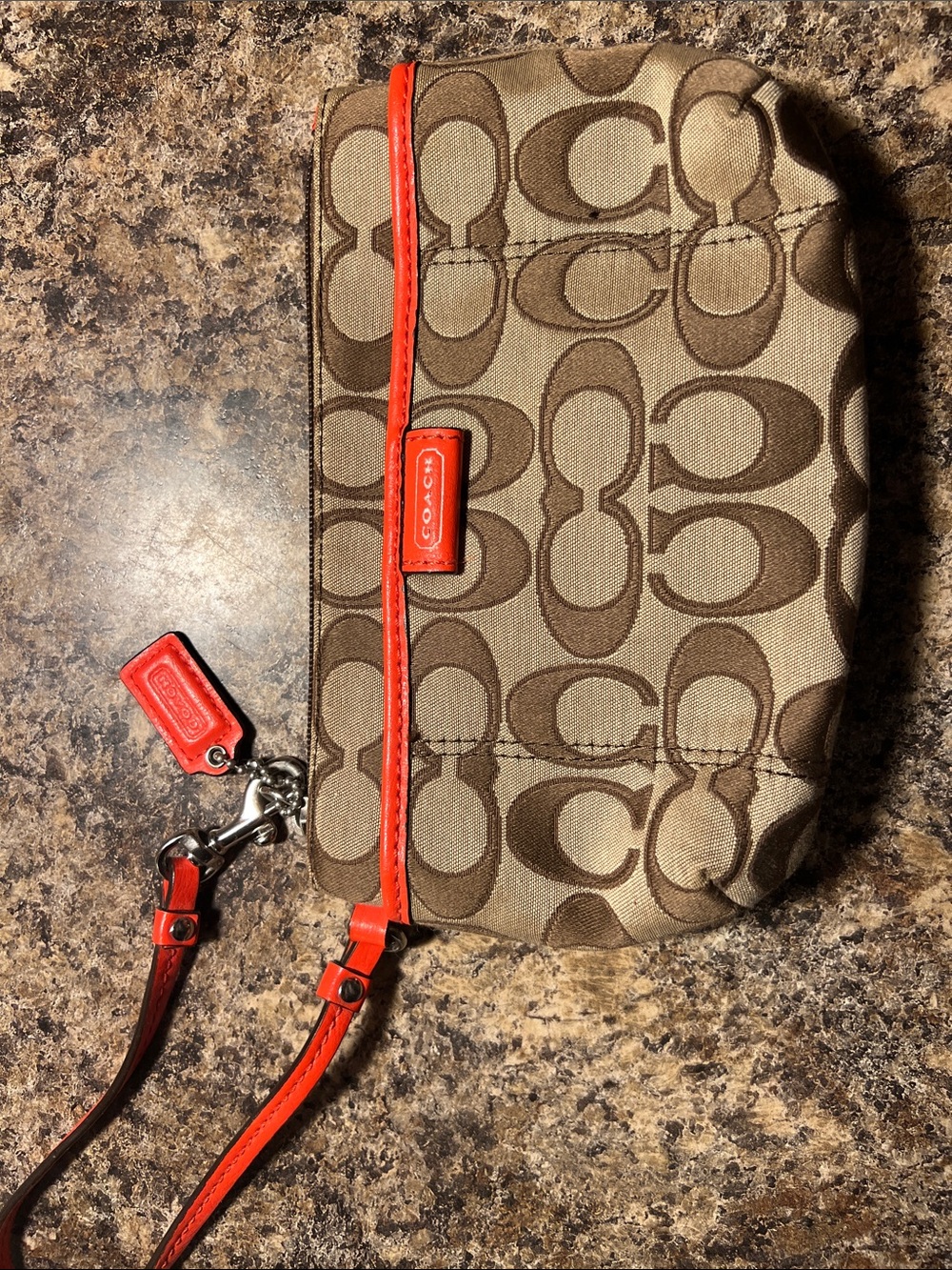 Coach Signature Canvas Wristlet in Khaki with Orange Trim